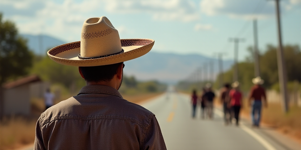 a person wearing a sombrero and a hat on the side of the road with people in the background, Estuard