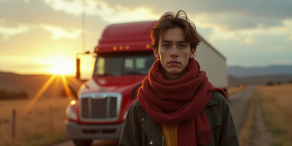 a person with a scarf around their neck and a red truck behind them with the sun shining through the