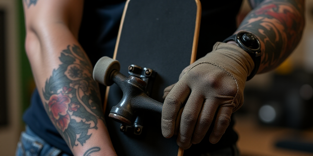 a person with a tattoo on their arm holding a skateboard and a glove on their arm with a tattoo on t