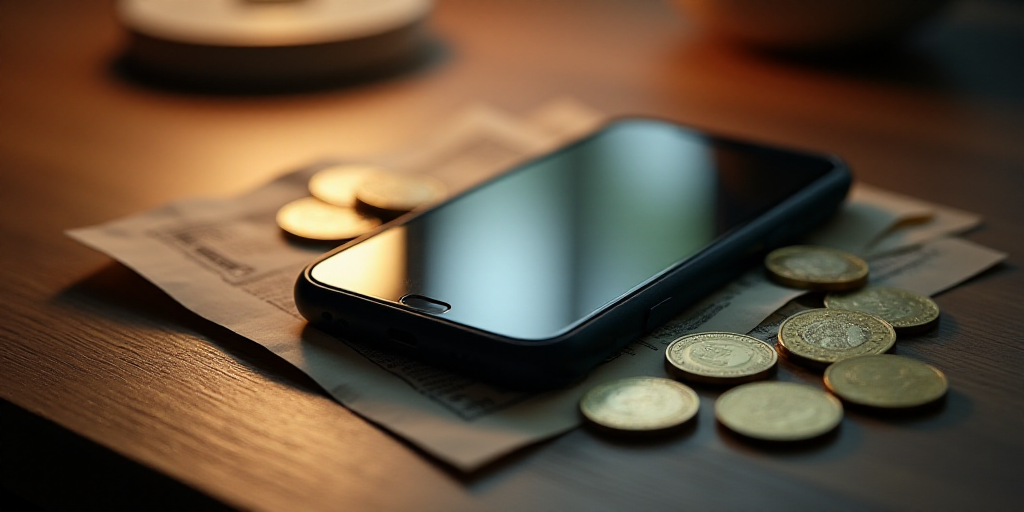 a phone and some money on a table with a phone on it and a bunch of coins on the table, Andries Stoc