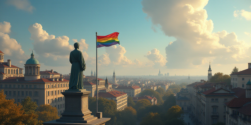 a picture of a city with a statue and a rainbow flag in the background of the image is a digital pai
