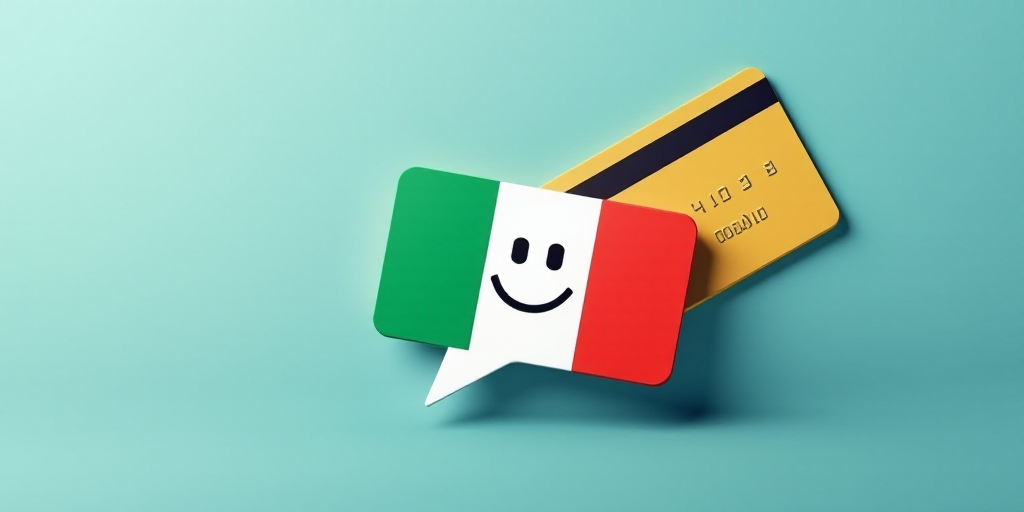 a picture of a credit card with a smiley face on it and a speech bubble with a flag of italy, Aquira