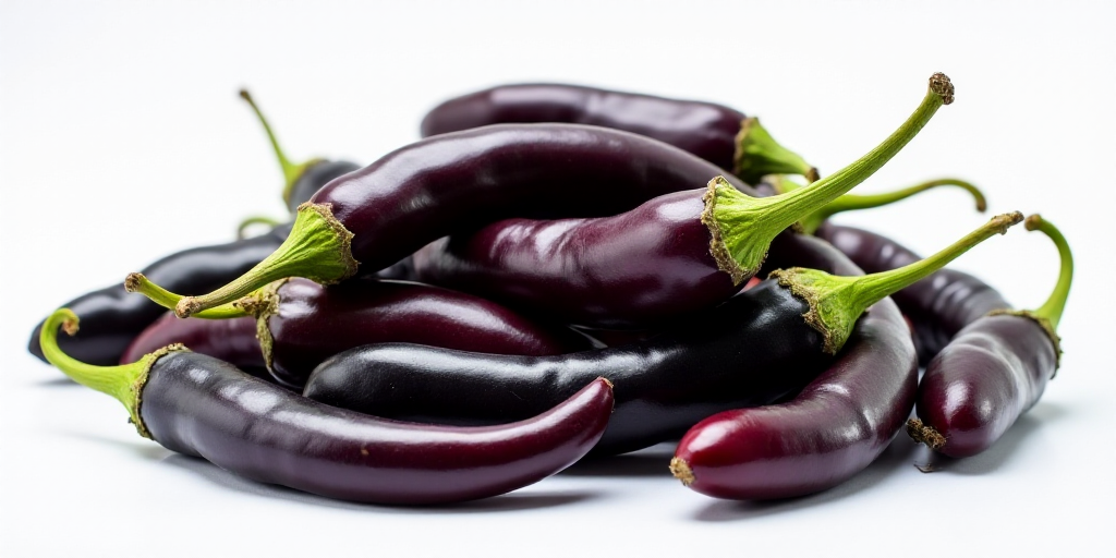a pile of black peppers with green stems on them and brown ones on the top of them, with a yellow st