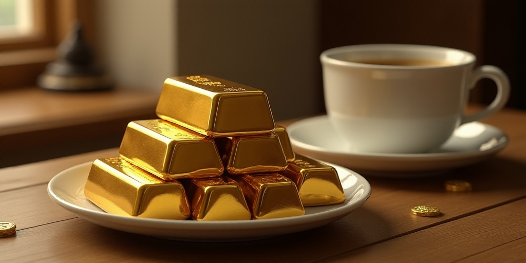 a pile of gold bars sitting on top of each other on a table next to a cup of coffee, Enguerrand Quar