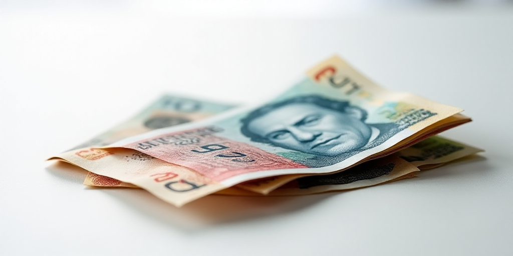 a pile of mexican currency sitting on top of each other on a table top with a white background and a
