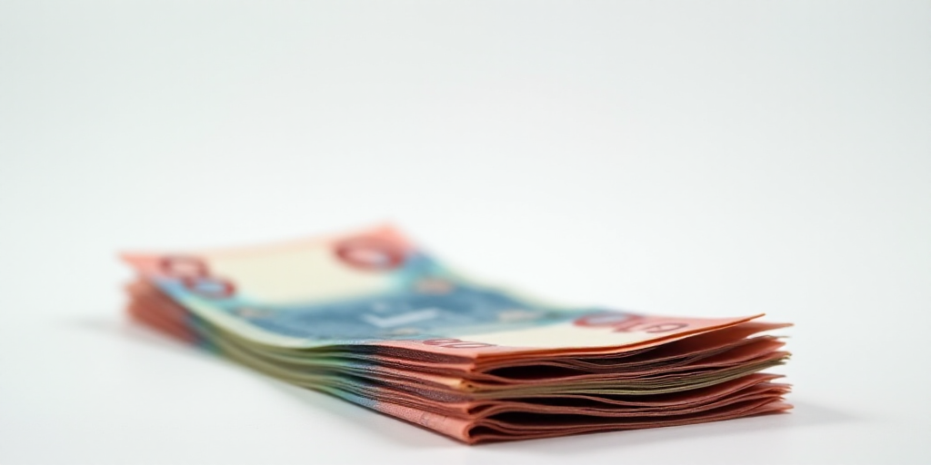 a pile of mexican currency sitting on top of each other on a table top with a white background and a