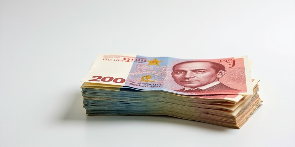 a pile of mexican currency sitting on top of each other on a table top with a white background and a