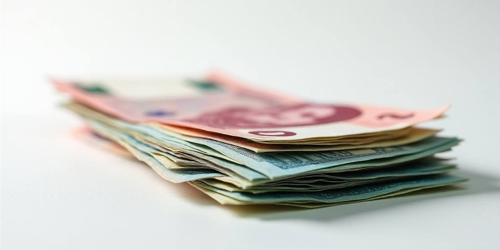 a pile of mexican currency sitting on top of each other on a table top with a white background and a
