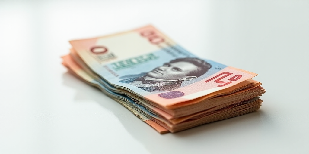 a pile of mexican currency sitting on top of each other on a table top with a white background and a