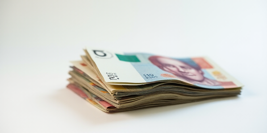 a pile of mexican currency sitting on top of each other on a table top with a white background and a