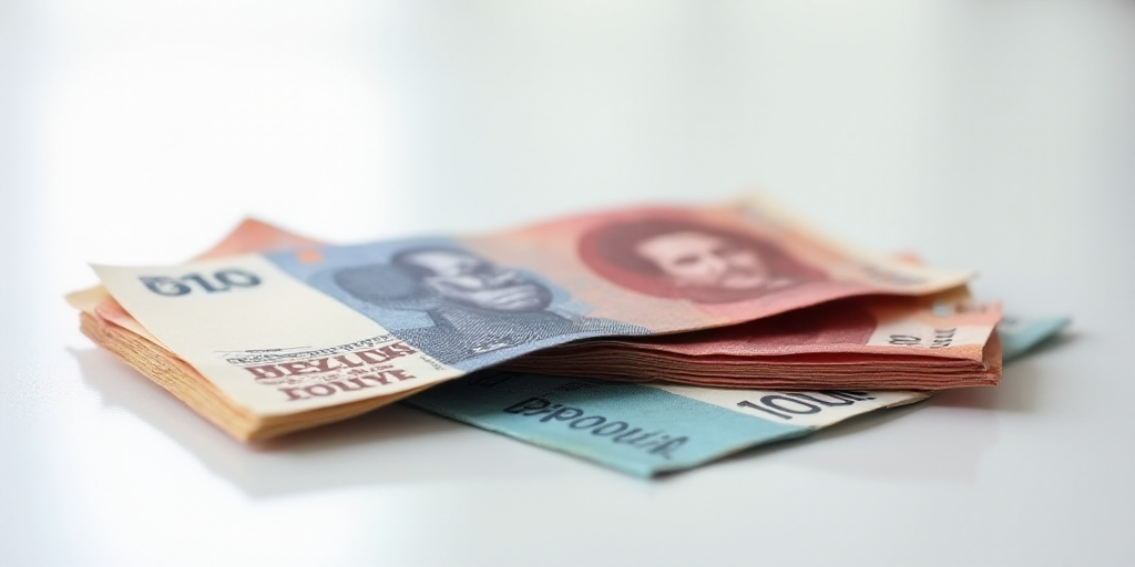 a pile of mexican currency sitting on top of each other on a table top with a white background and a