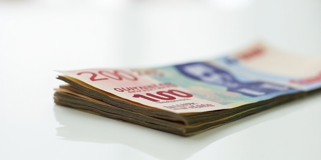 a pile of mexican currency sitting on top of each other on a table top with a white background and a