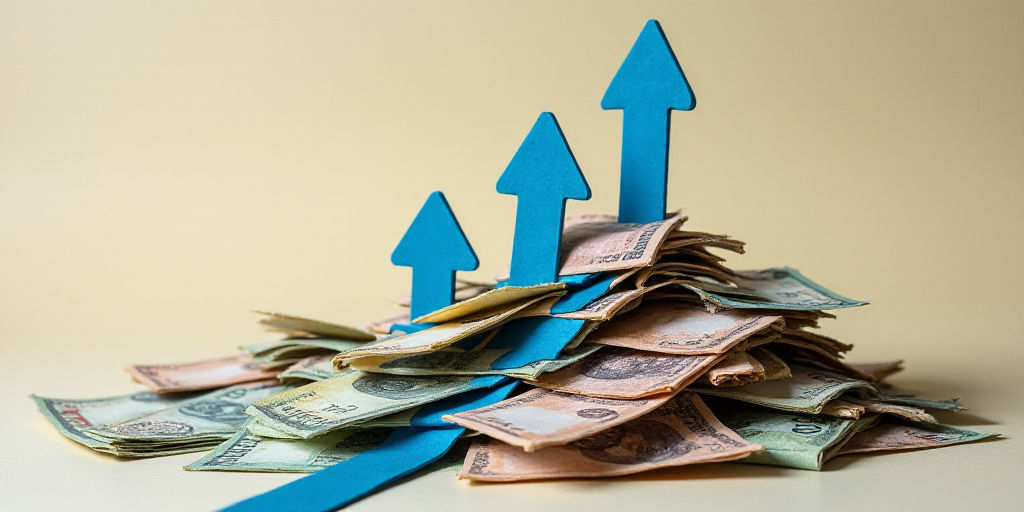 a pile of mexican currency with blue arrows pointing up at the top of them and a blue line pointing