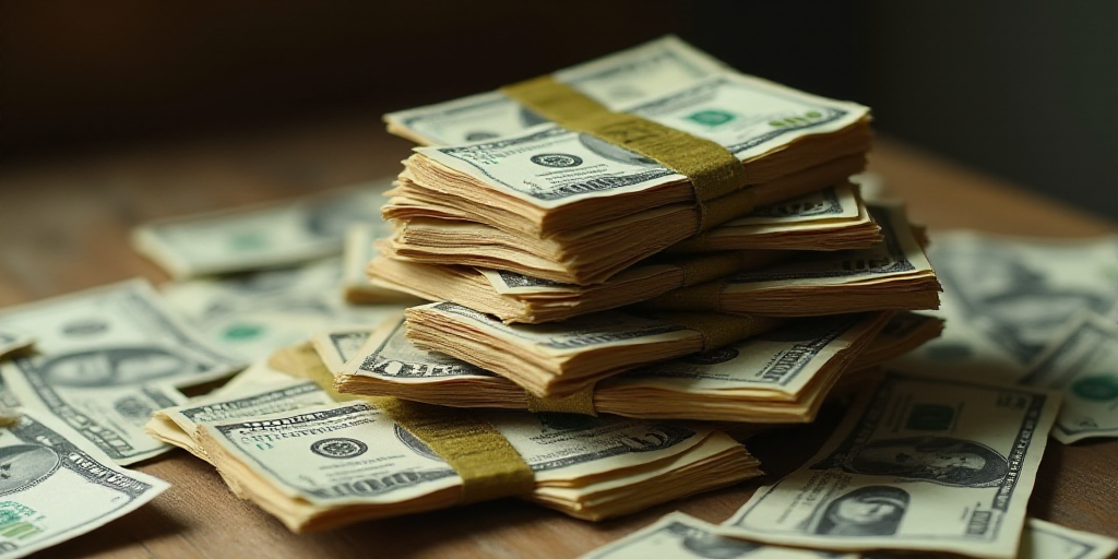 a pile of money sitting on top of each other on top of a table next to a pile of other money, Elina