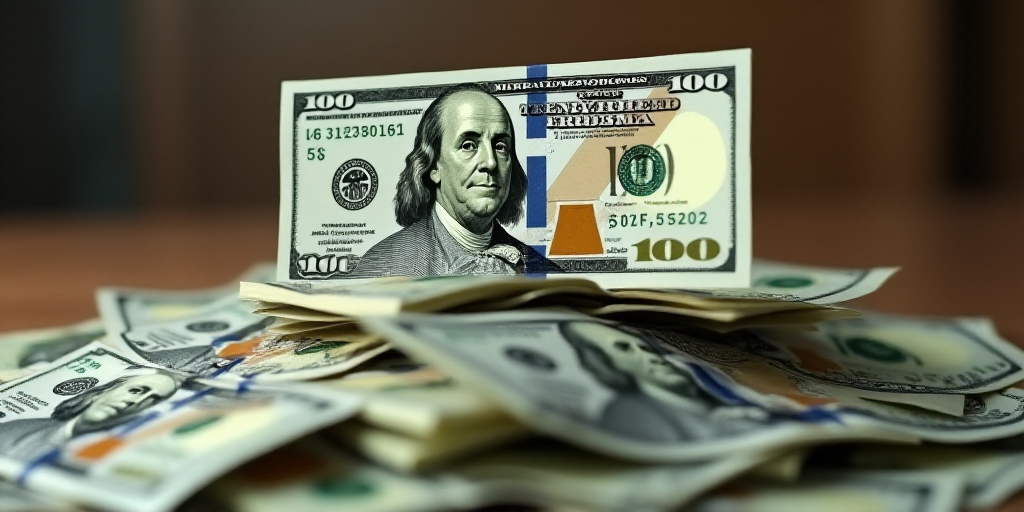 a pile of money with a hundred dollar bill in the background with a hundred dollar bill sticking out