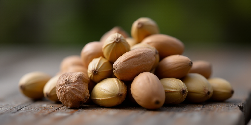 a pile of nuts sitting on top of a table next to each other on a table top with a blurry background,