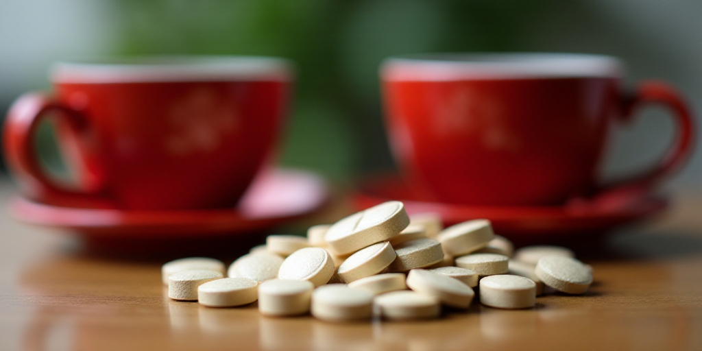 a pile of pills sitting on top of a table next to a red cup of coffee and a red cup, Aquirax Uno, pr
