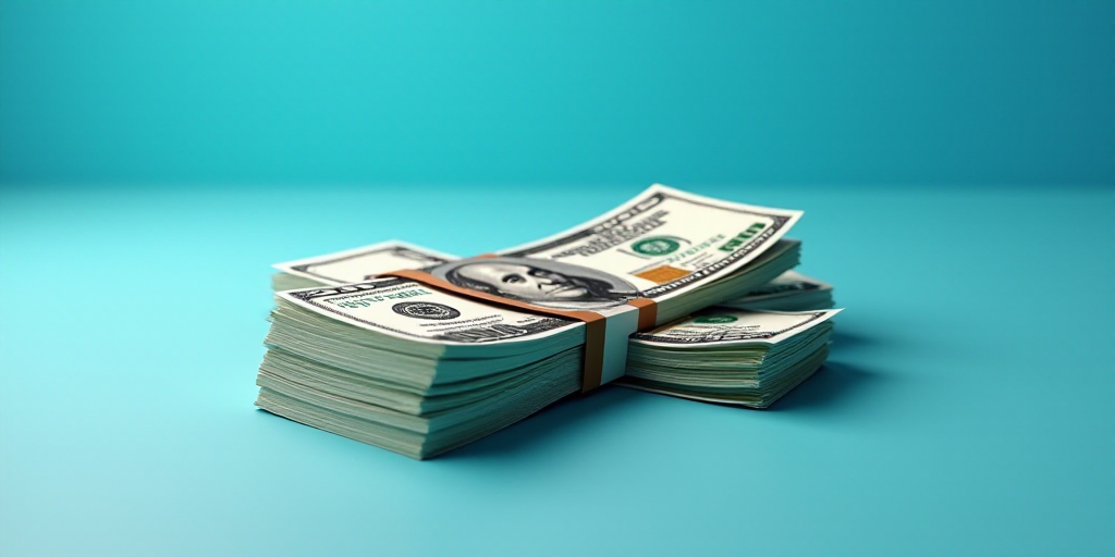 a pile of twenty dollar bills sitting on top of each other on a table top with a blue background, An
