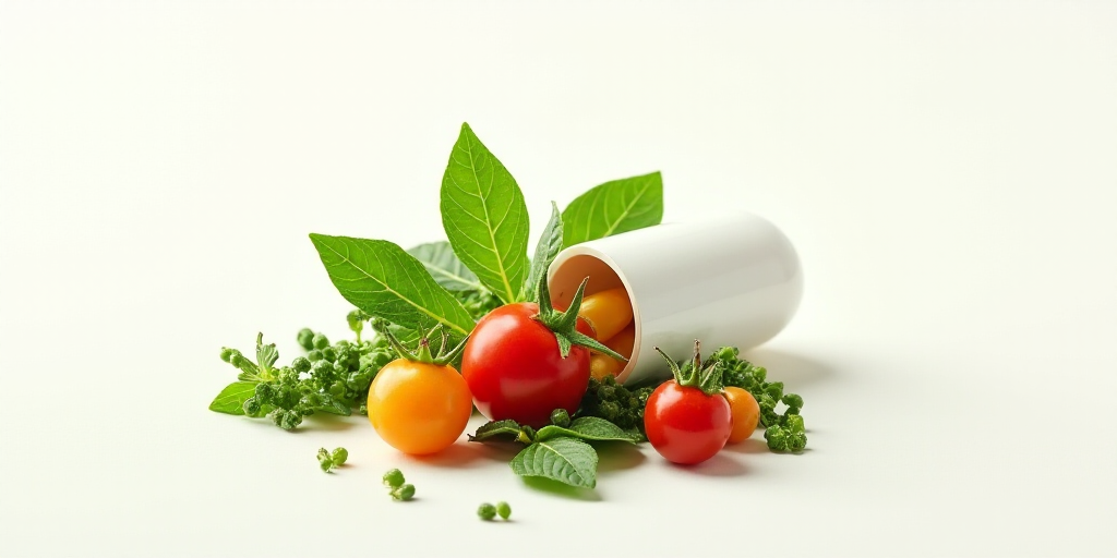 a pill with vegetables and fruits falling out of it on a white background with a green leafy border,