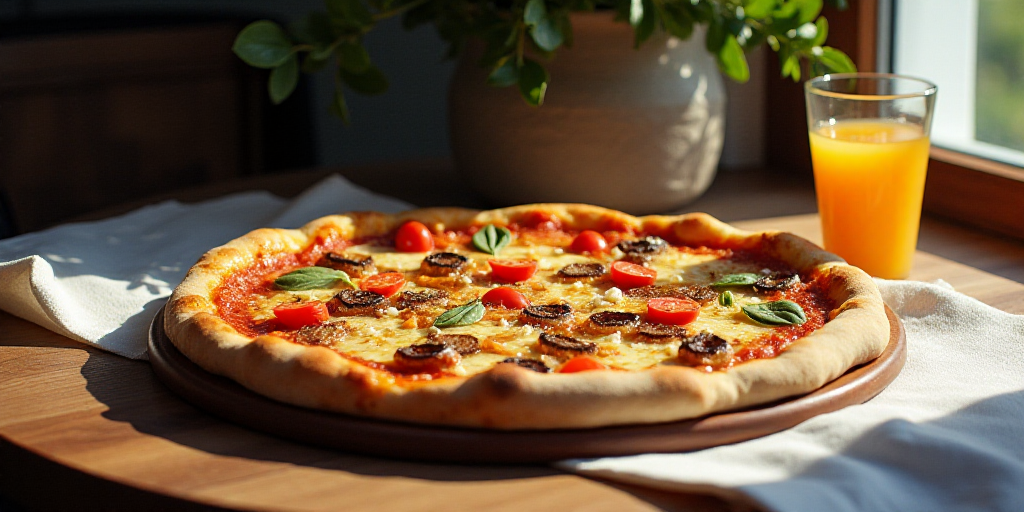 a pizza with many toppings on it sitting on a table next to a cup of juice and a napkin, Ceferí Oli