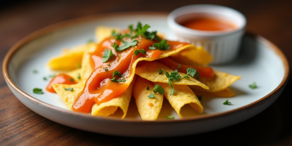 a plate of food with some chips and sauce on it and a cup of sauce on the side of the plate, Aquirax