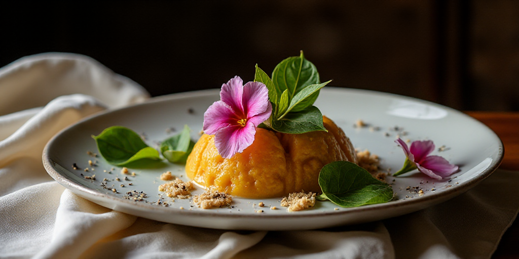 a plate with a flower on it on a table with a cloth on it and a wooden table cloth, Alesso Baldovine