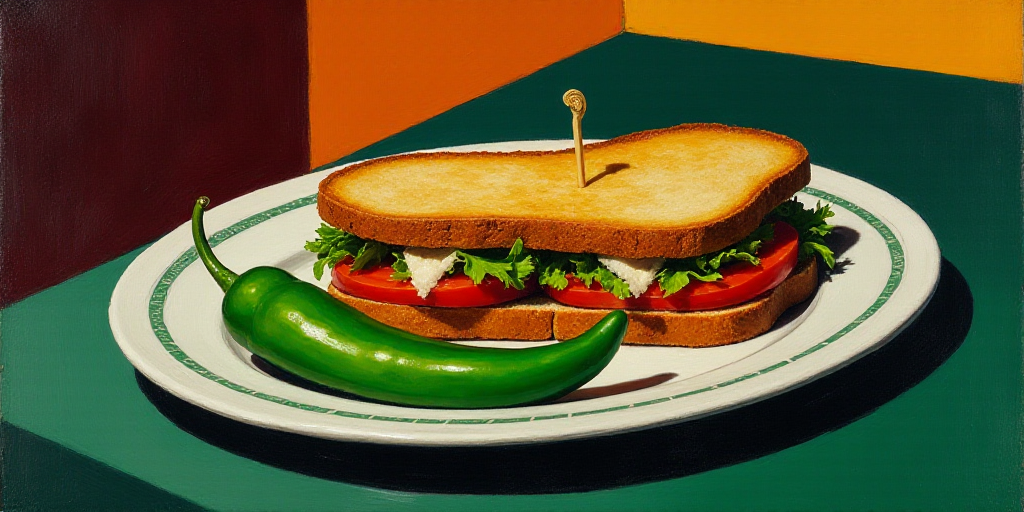 a plate with a sandwich and a green pepper on it on a table with a green table cloth and a black tab