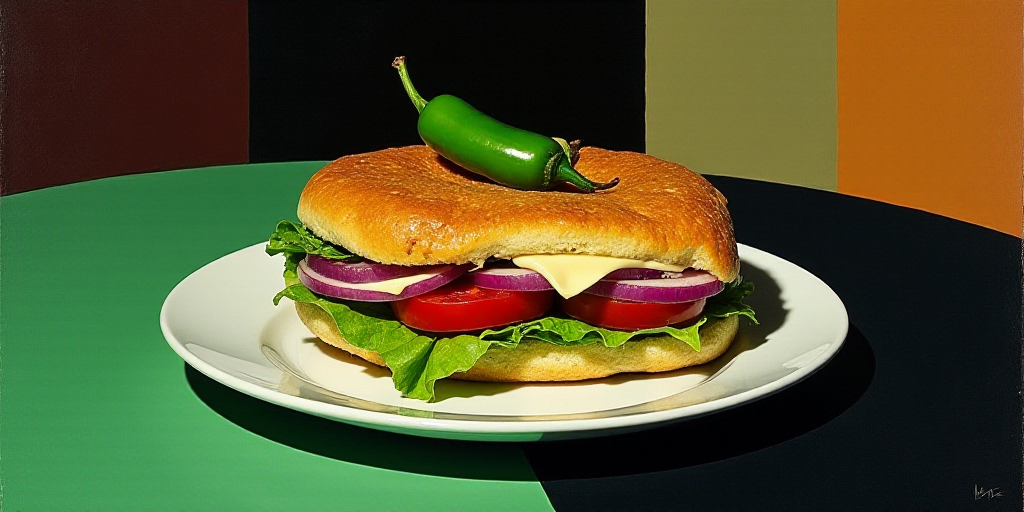 a plate with a sandwich and a green pepper on it on a table with a green table cloth and a black tab