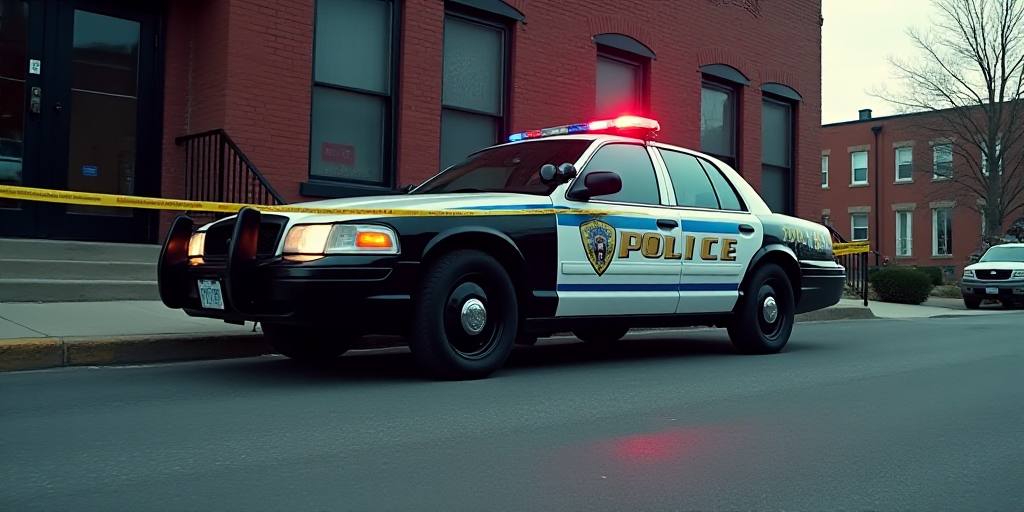 a police car parked in front of a building with a police tape on it's side and a police tape on the