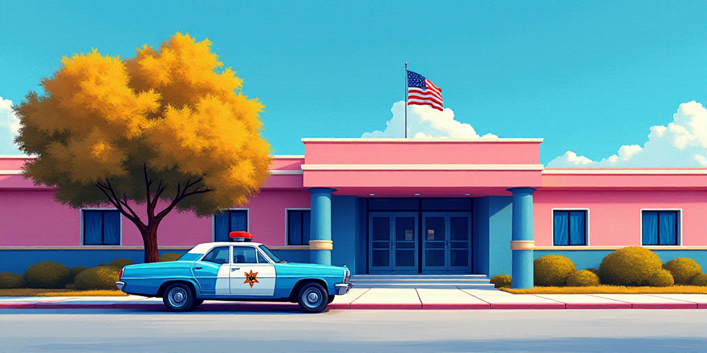 a police car parked in front of a building with a flag on it's roof and a tree in front of it, Engue