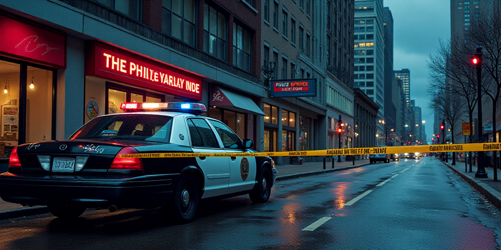 a police car parked in front of a building with a police tape on it's side and a police tape on the