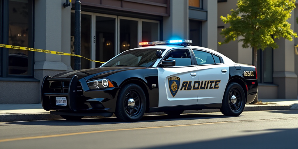 a police car parked in front of a building with a police tape on it's side and a police tape on the