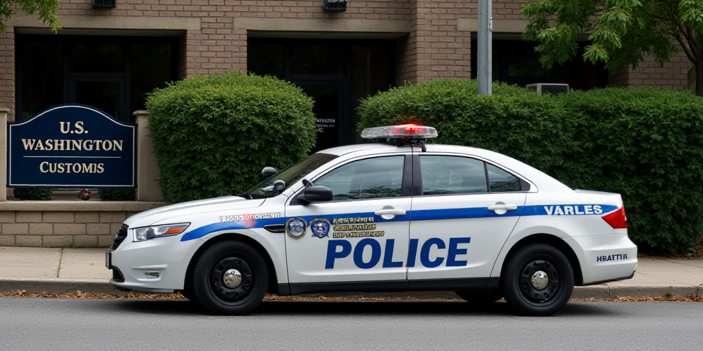 a police car parked in front of a building with a sign and trees in the background that says u s was
