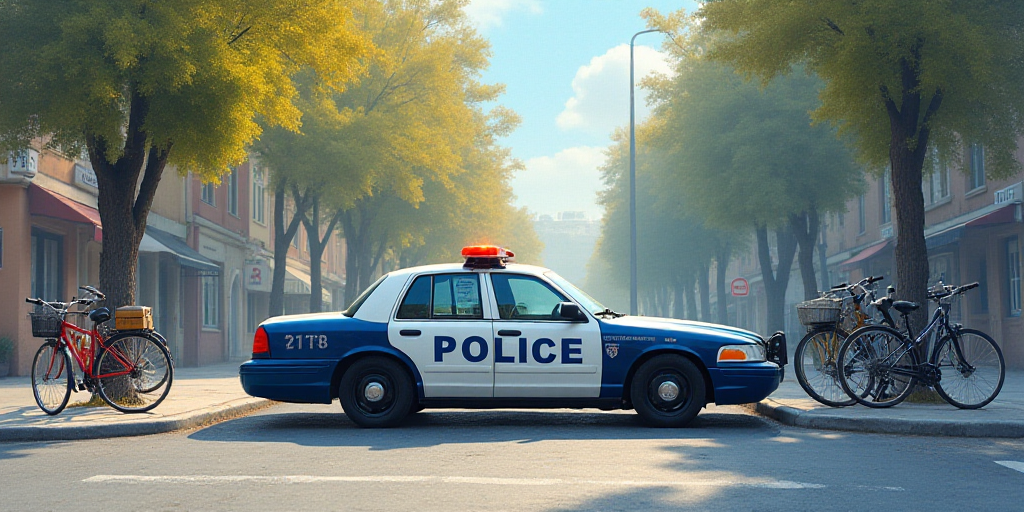 a police car parked on the side of the road near a curb with bicycles on it and a bicycle rack, Aqui