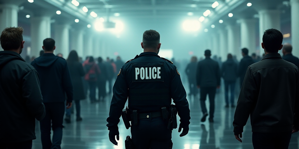 a police officer is walking through a crowd of people in a building with a sign on it that says poli