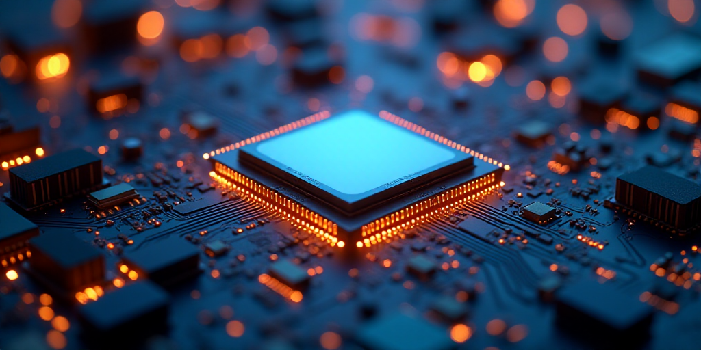 a processor with a chip on top of it in front of a background of circuit boards and wires and lights