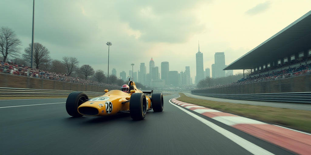 a race car driving down a race track with a city in the background on a cloudy day with a few people