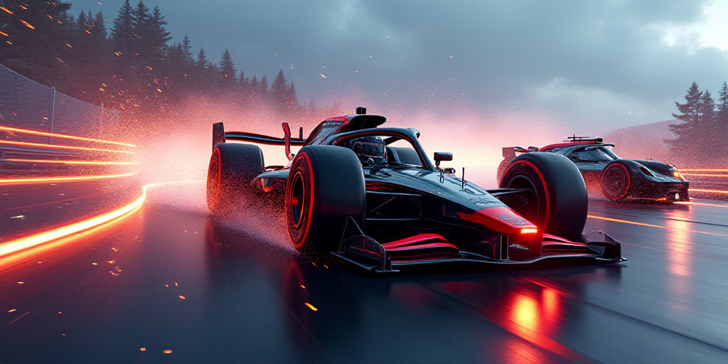a race car is racing around a corner in a race track with another car behind it and another car behi