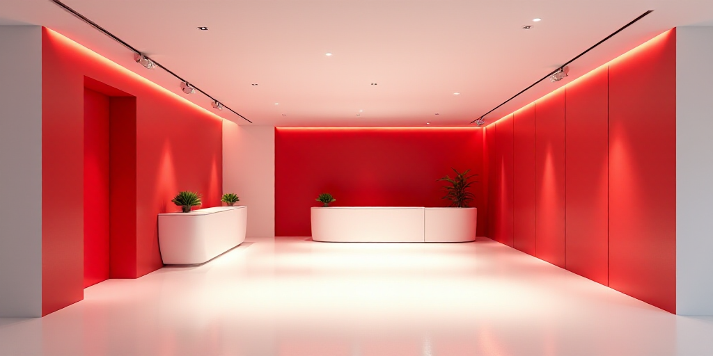 a red and white reception area with a red door and red and white dividers and a red and white wall,