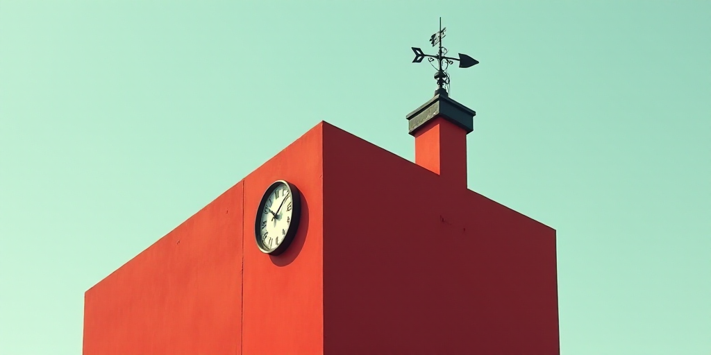 a red building with a clock on top of it's side and a weather vane on top of it, Federico Uribe, ilm