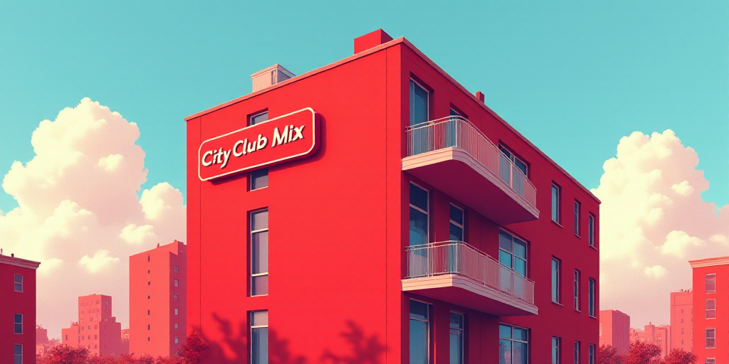 a red building with a sign that says city club mix on it's side and a sky background, Araceli Gilber