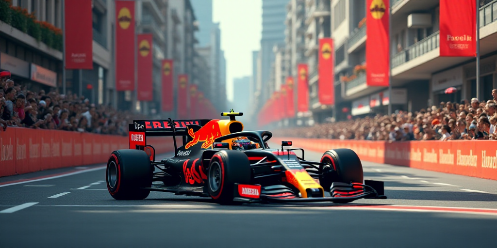 a red bull racing car driving down a race track in front of a crowd of spectators and spectators on