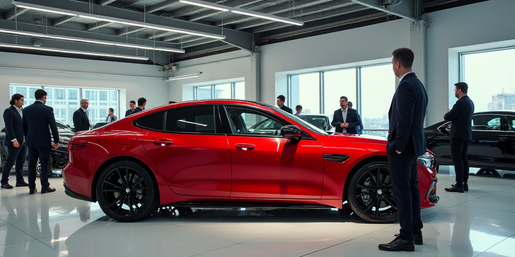 a red car is parked in a showroom with people standing around it and a man in a suit is standing nex