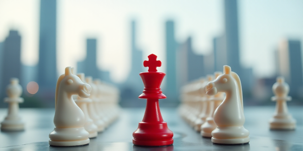 a red chess piece standing out from a group of white chess pieces in front of a city skyline with sk