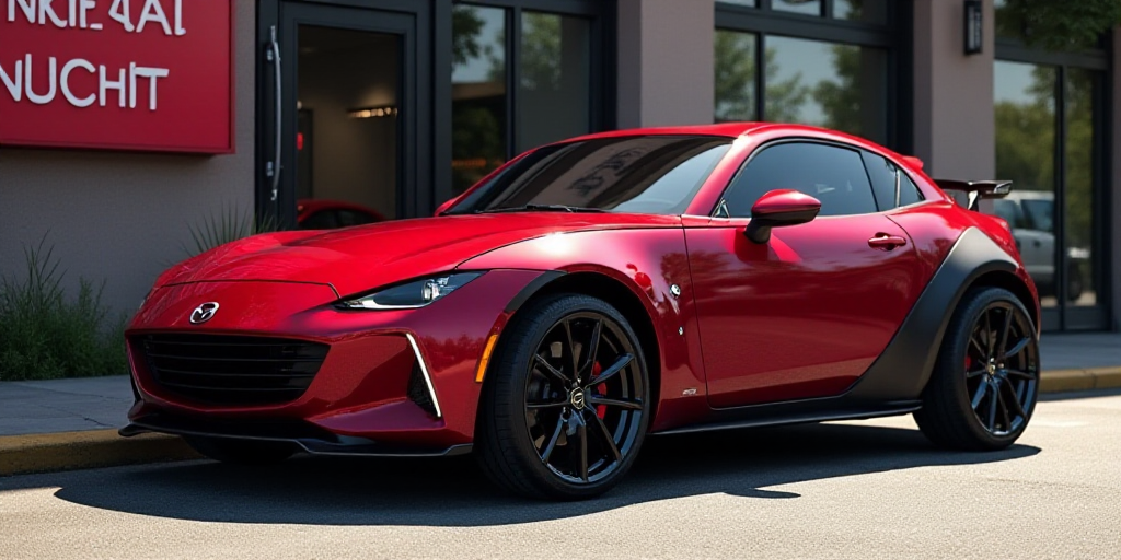 a red mazda cx - 3 parked on the side of the road in front of a building with a sign, Andrew Roberts