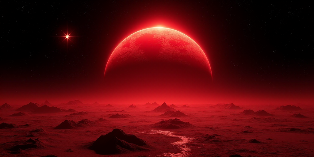 a red planet with a star in the background and a black sky background with stars around it, with a b
