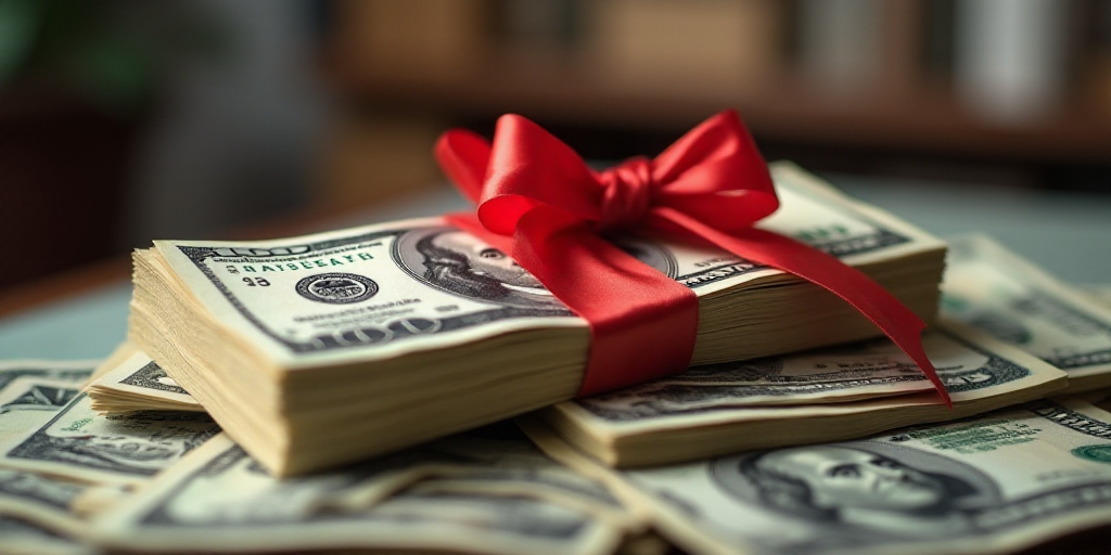 a red ribbon on top of a pile of money with a red ribbon on top of it on a table, Andries Stock, off