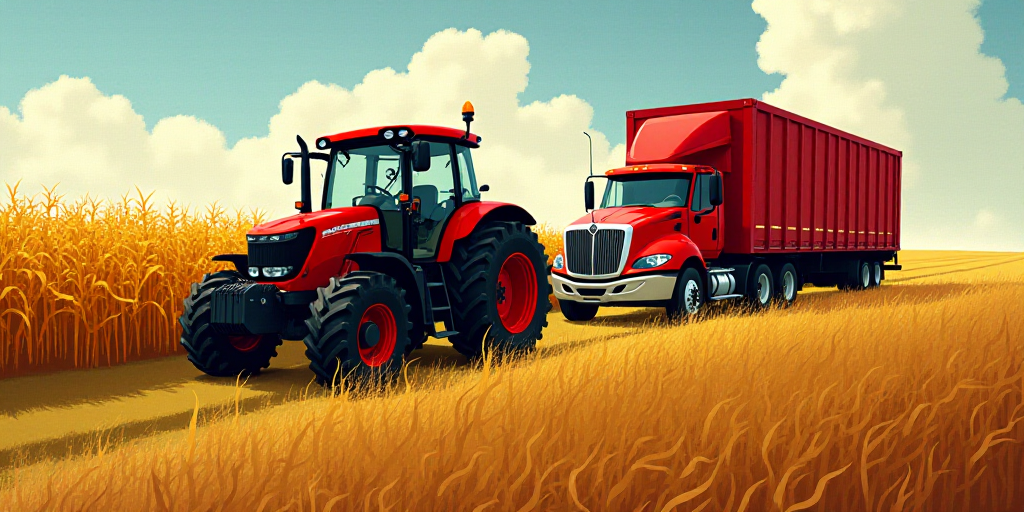 a red tractor driving through a field of corn next to a red truck with a red trailer on it, Cornelis