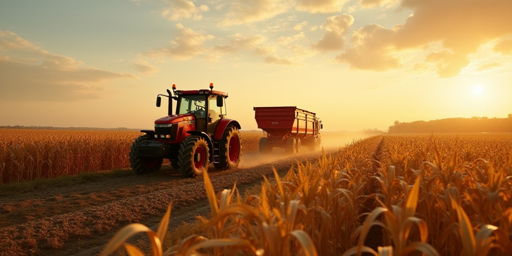 a red tractor is driving through a field of corn as a red grain truck drives by behind it in the dis