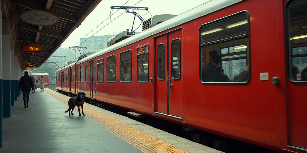 a red train is stopped at a station with people on it and a dog standing on the platform next to it,